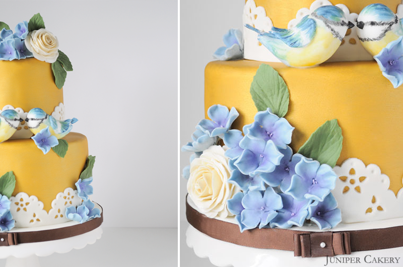 Golden Blue Tits Wedding Cake