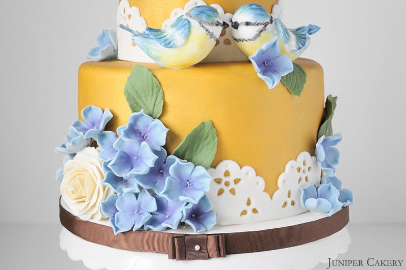 Golden Blue Tits Wedding Cake