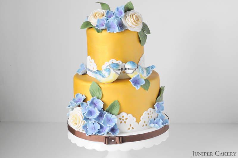 Golden Blue Tits Wedding Cake