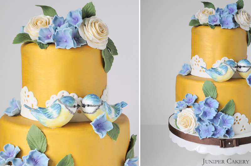 Golden Blue Tits Wedding Cake