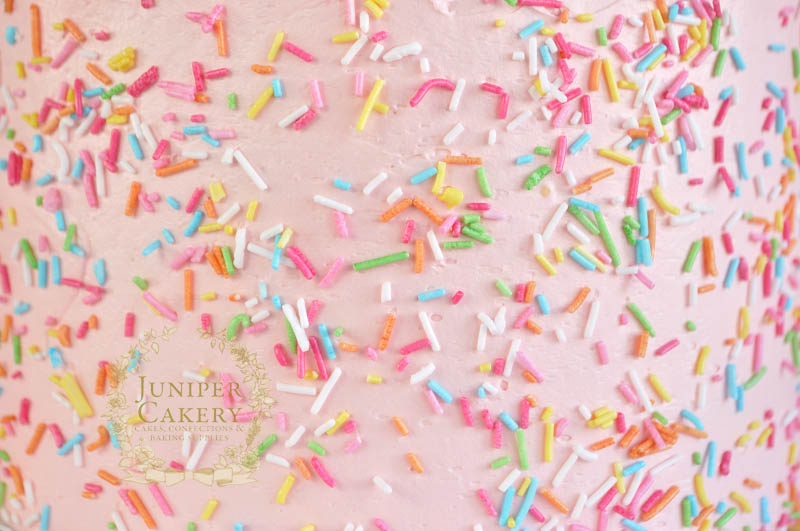 Rainbow sprinkles on a pink buttercream cake by Juniper Cakery