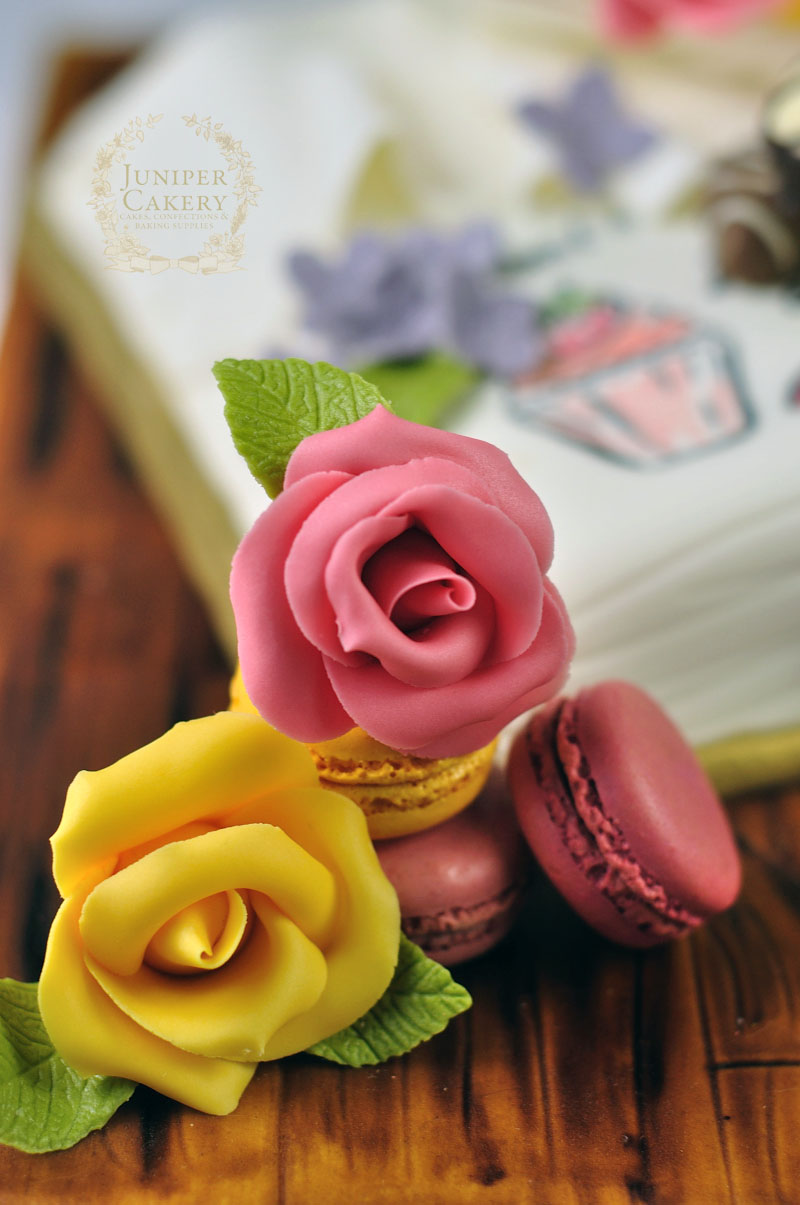 Sugar gum paste roses and macarons by Juniper Cakery