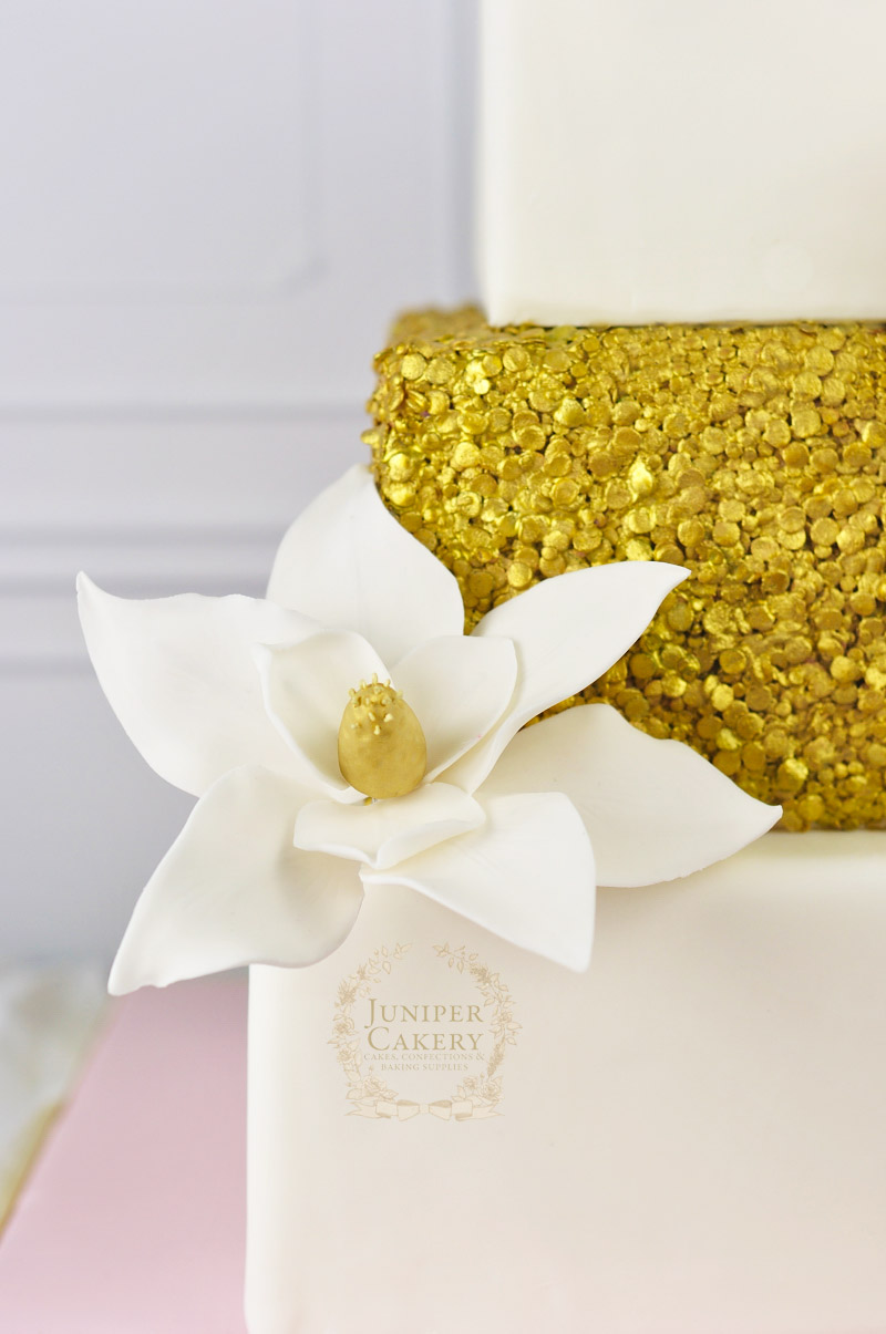 Gold Magnolia Wedding Cake with Sequins by Juniper Cakery