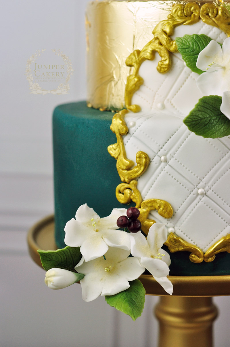 Golden frame cake with damson blossoms by Juniper Cakery