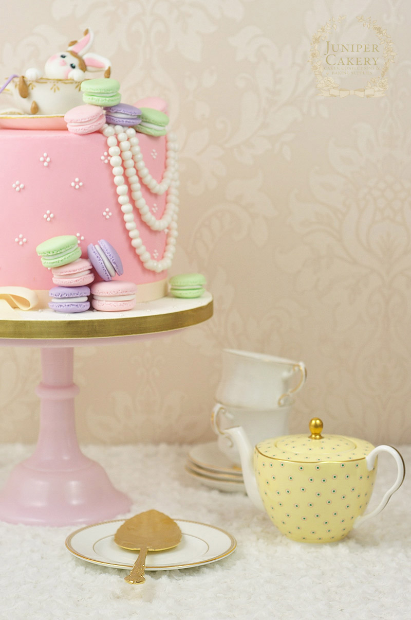 Vintage themed tea and macarons cake with fondant rabbit by Juniper Cakery