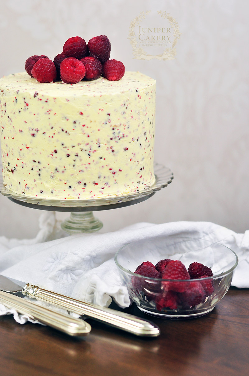 Recipe for a fruity yet peppery Raspberry, White Chocolate and Pink Peppercorn cake by Juniper Cakery