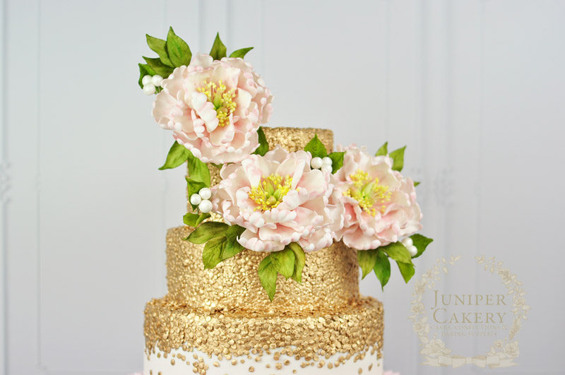 Gilded sequin wedding cake with sugar peonies by Juniper Cakery