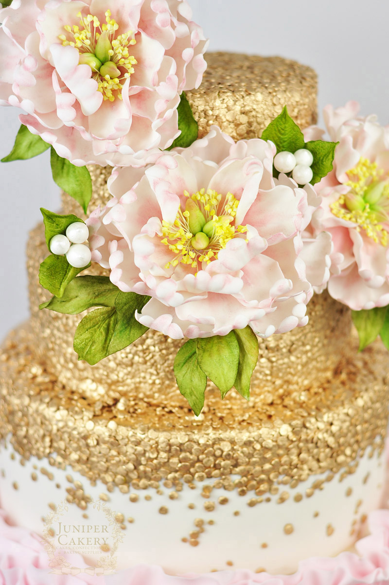 Luxurious pink and gold peony wedding cake by Juniper Cakery