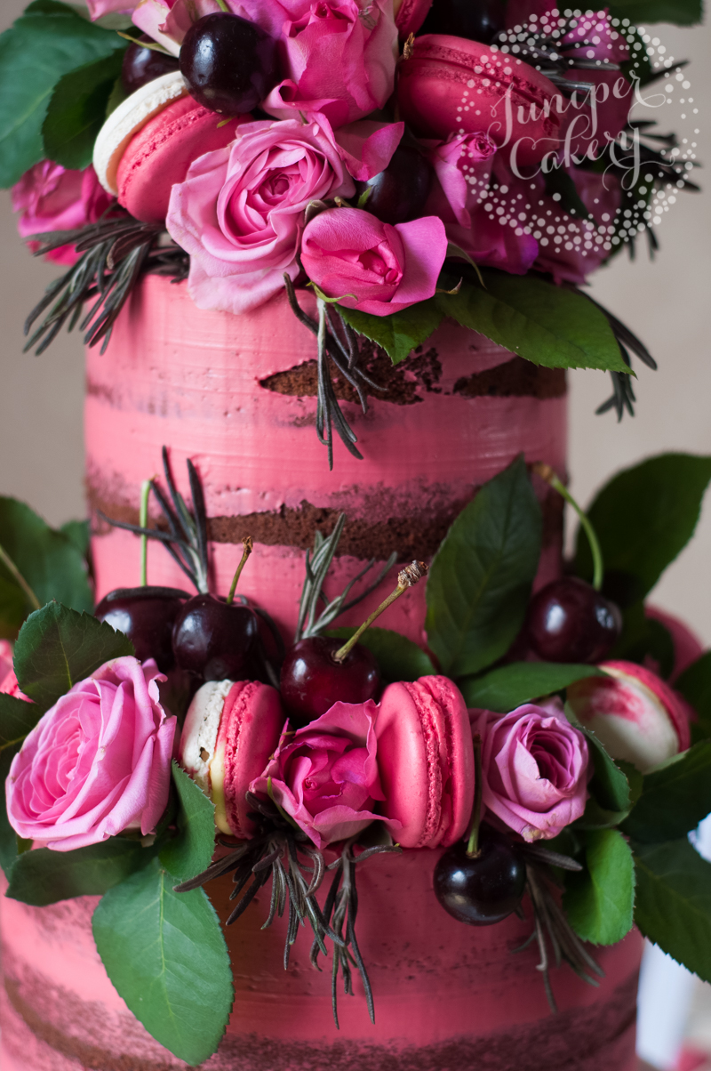 Pink cherry and chocolate naked cake by Juniper Cakery