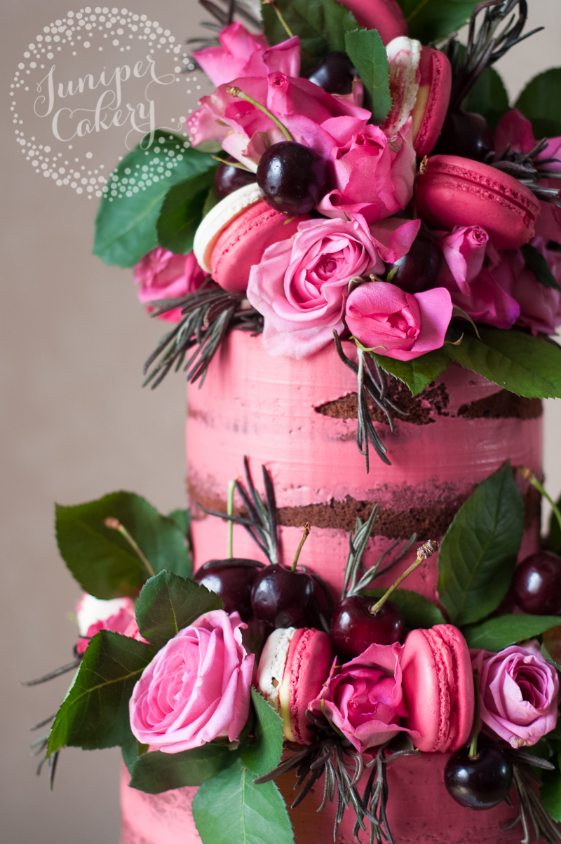 Bright pink Black Forest Gateau naked cake by Juniper Cakery