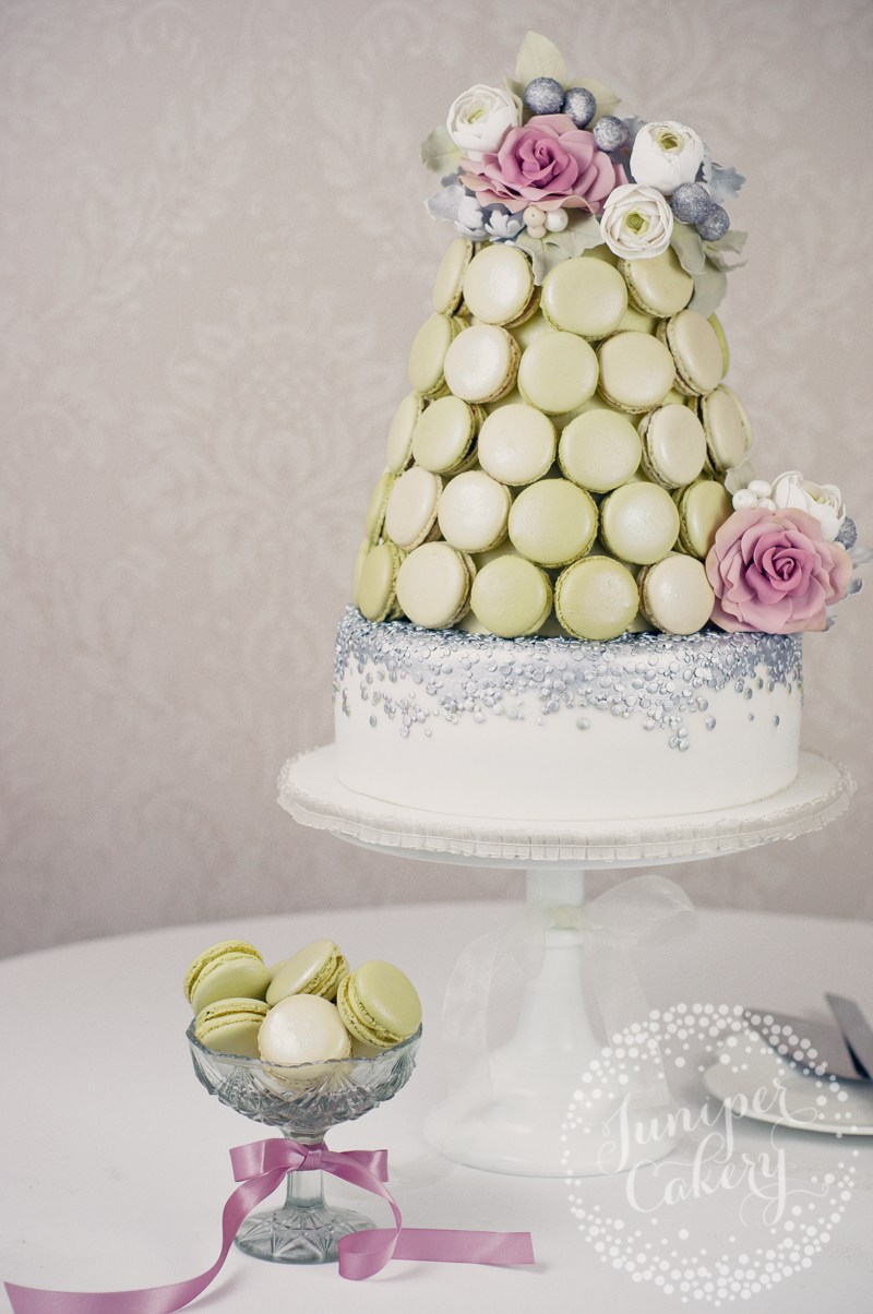 Lovely macaron tower wedding cake by Juniper Cakery