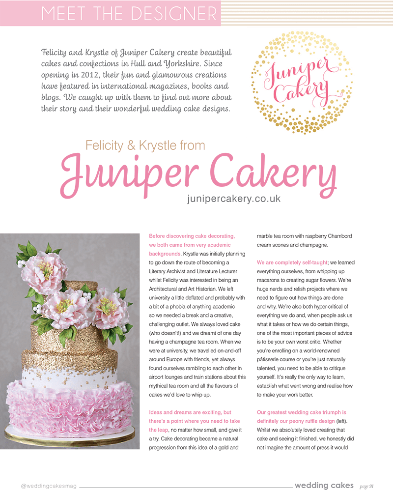 Juniper Cakery interview in Wedding Cakes Magazine