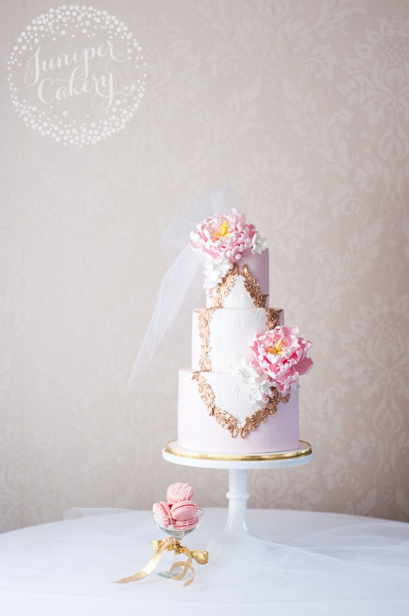 Pink peony Rococo wedding cake by Juniper Cakery