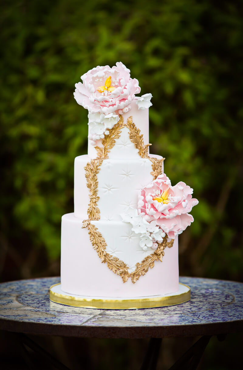 Pink Rococo styled wedding cake by Juniper Cakery