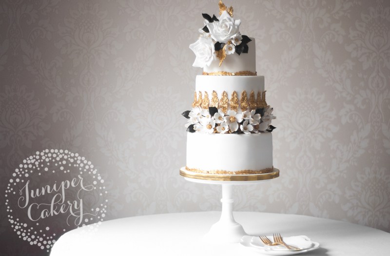 Rococo inspired wedding cake with gilded dogwood flowers by Juniper Cakery