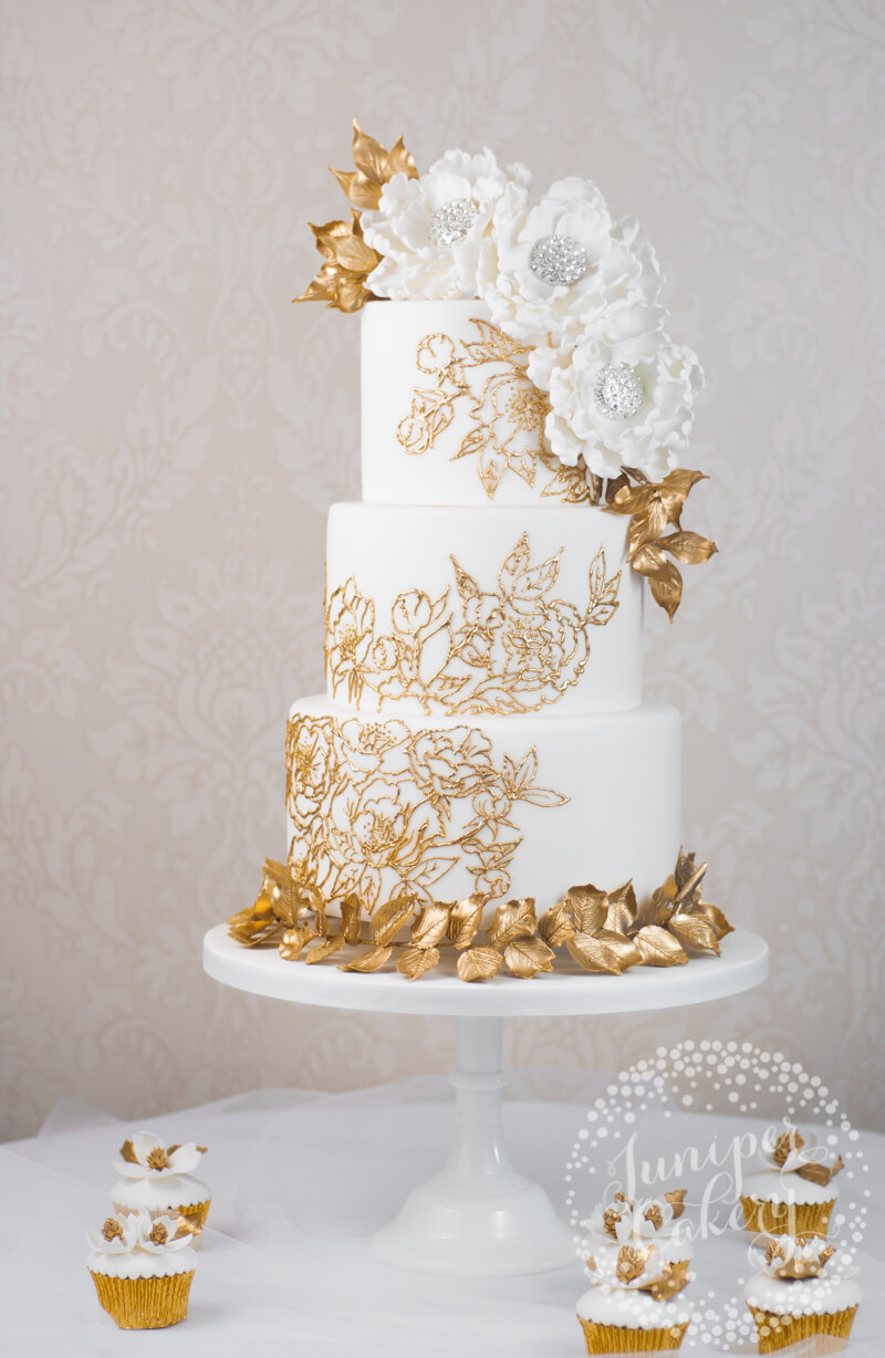 Gold lace wedding cake by Juniper Cakery