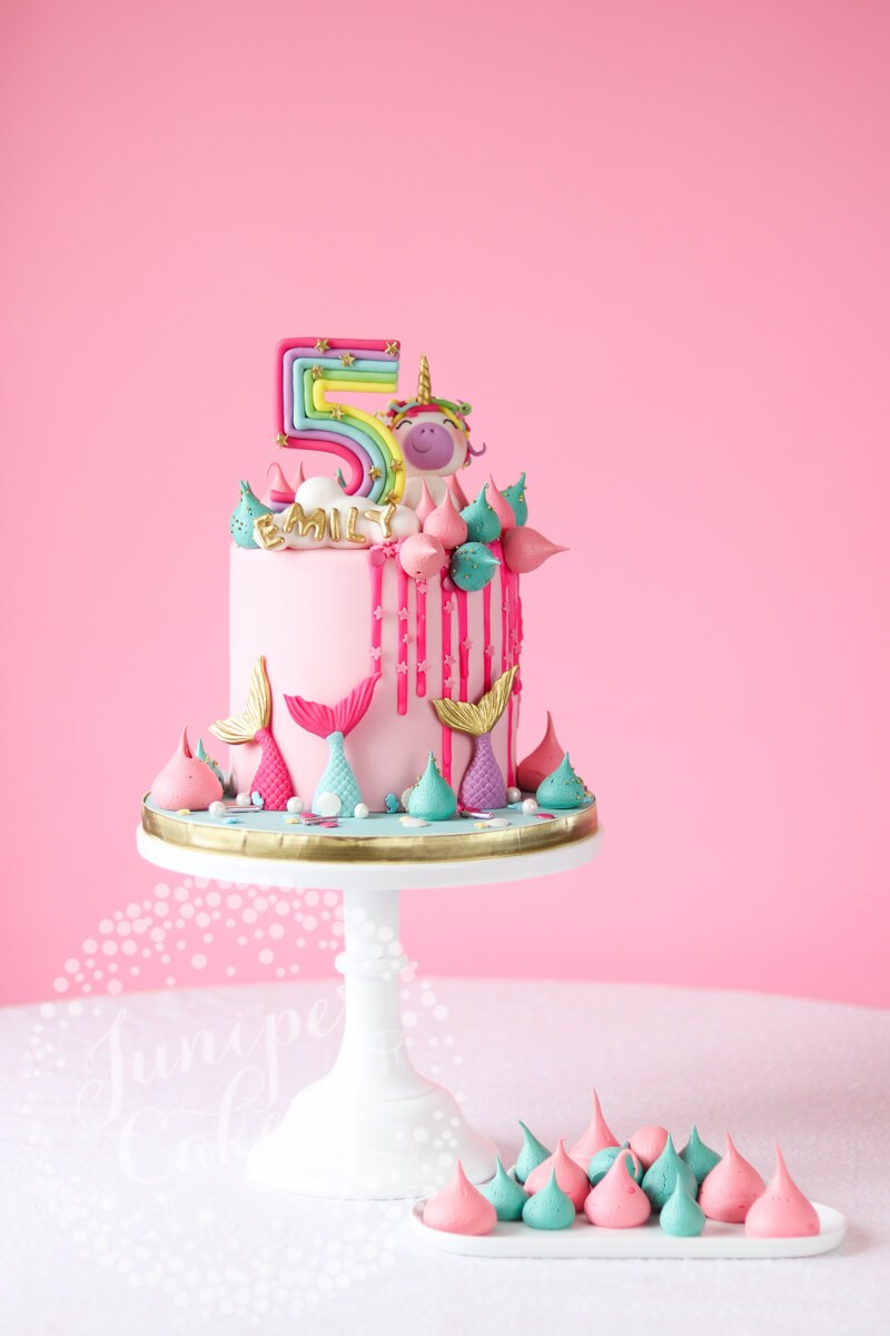 Bright and fun rainbow unicorn cake by Juniper Cakery