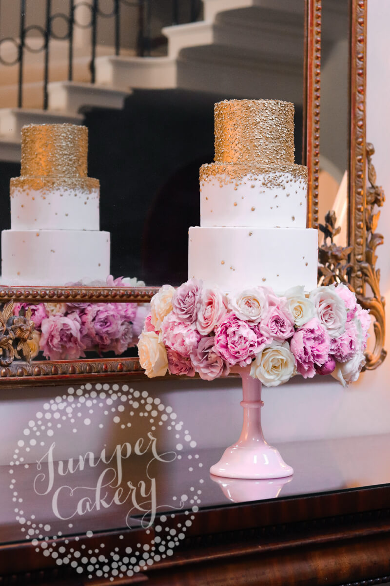 Gold sequin 3 tier wedding cake at Saltmarshe Hall