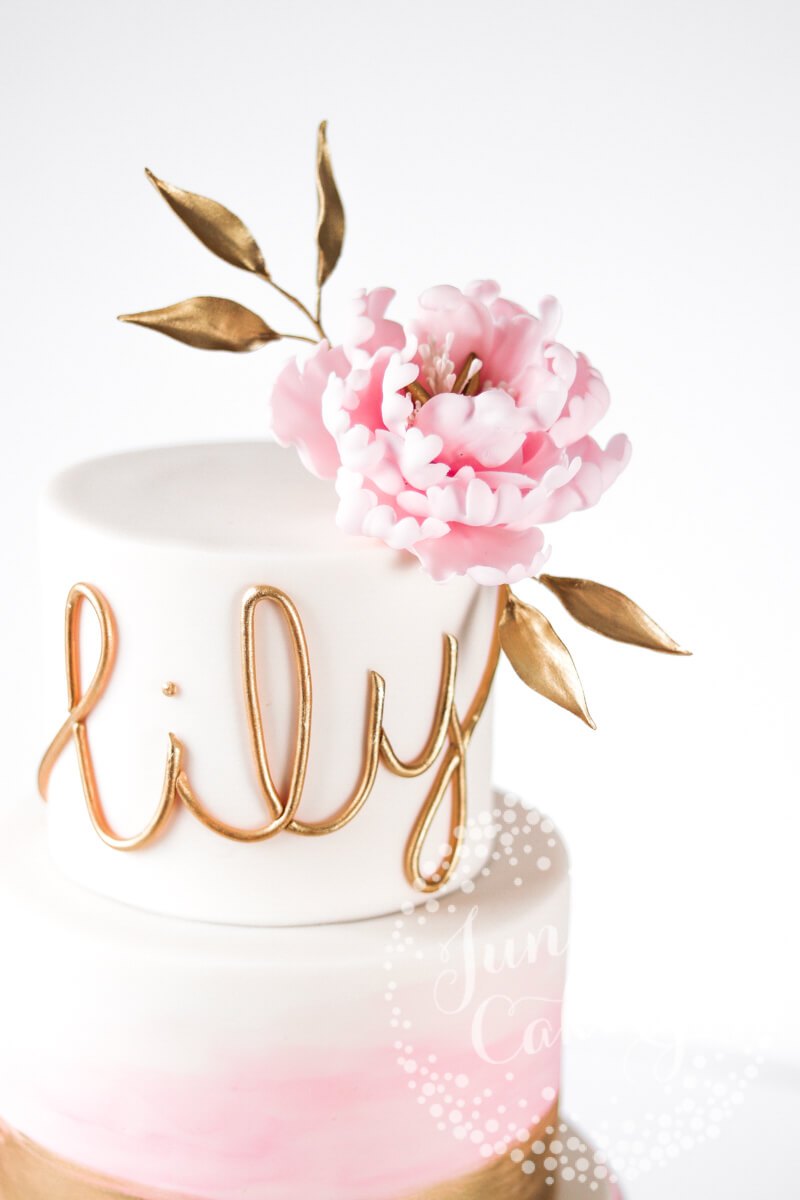 Pretty blush wash peony Christening cake by Juniper Cakery