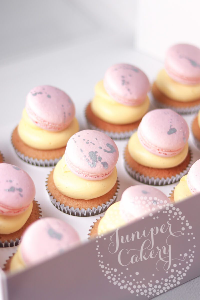 Blush and silver macaron topped cupcakes by Juniper Cakery