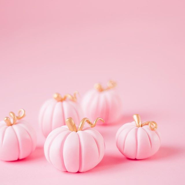 Pretty bubblegum pink fondant pumpkins with glittering gold stalks and tendrils! Who says Halloween has to be scary? We love going glam and cute for October 31st! ✨✨✨